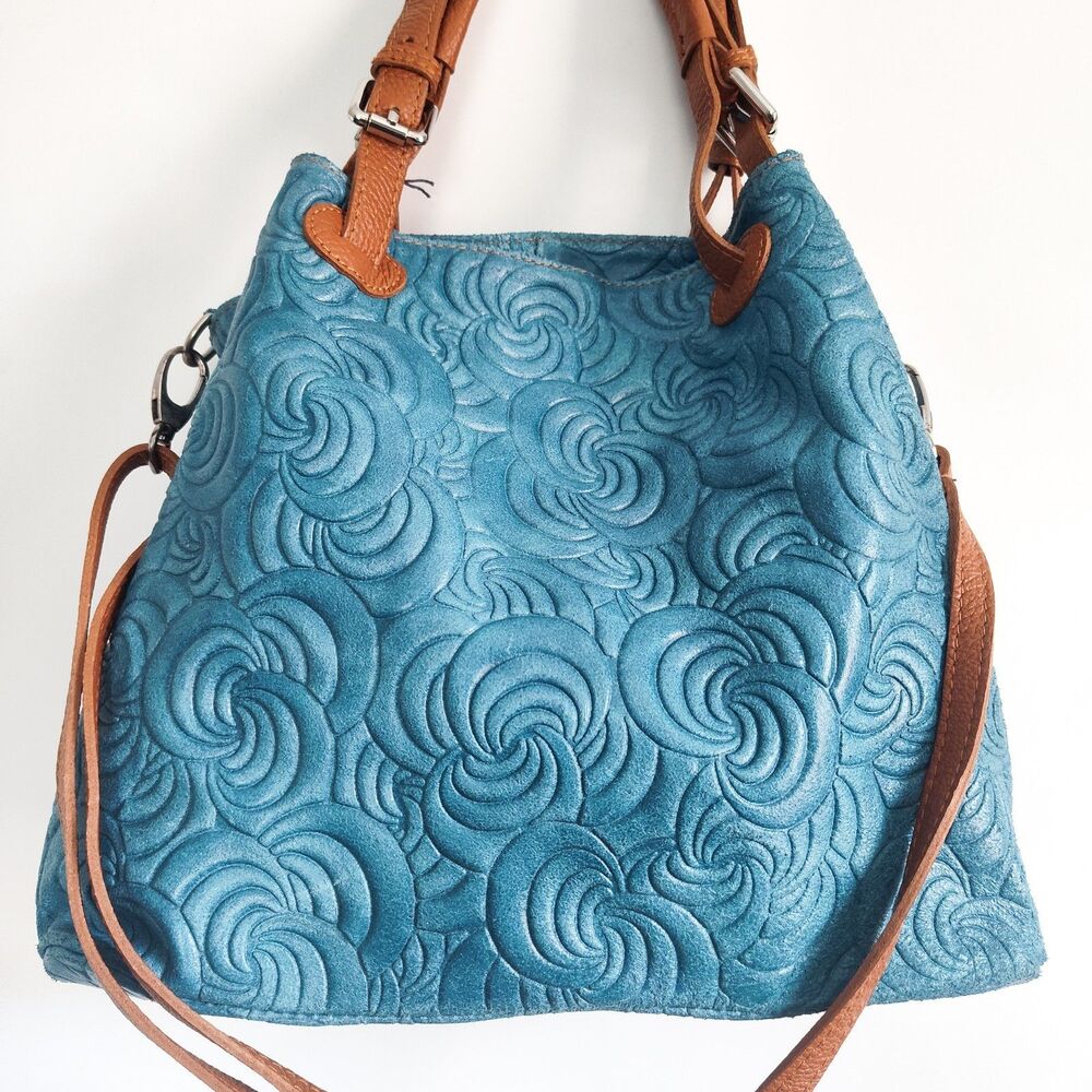 New Massimo Castelli Shoulder Bag Rose Textured Leather Convertible Teal Tan Bag - Picture 6 of 14